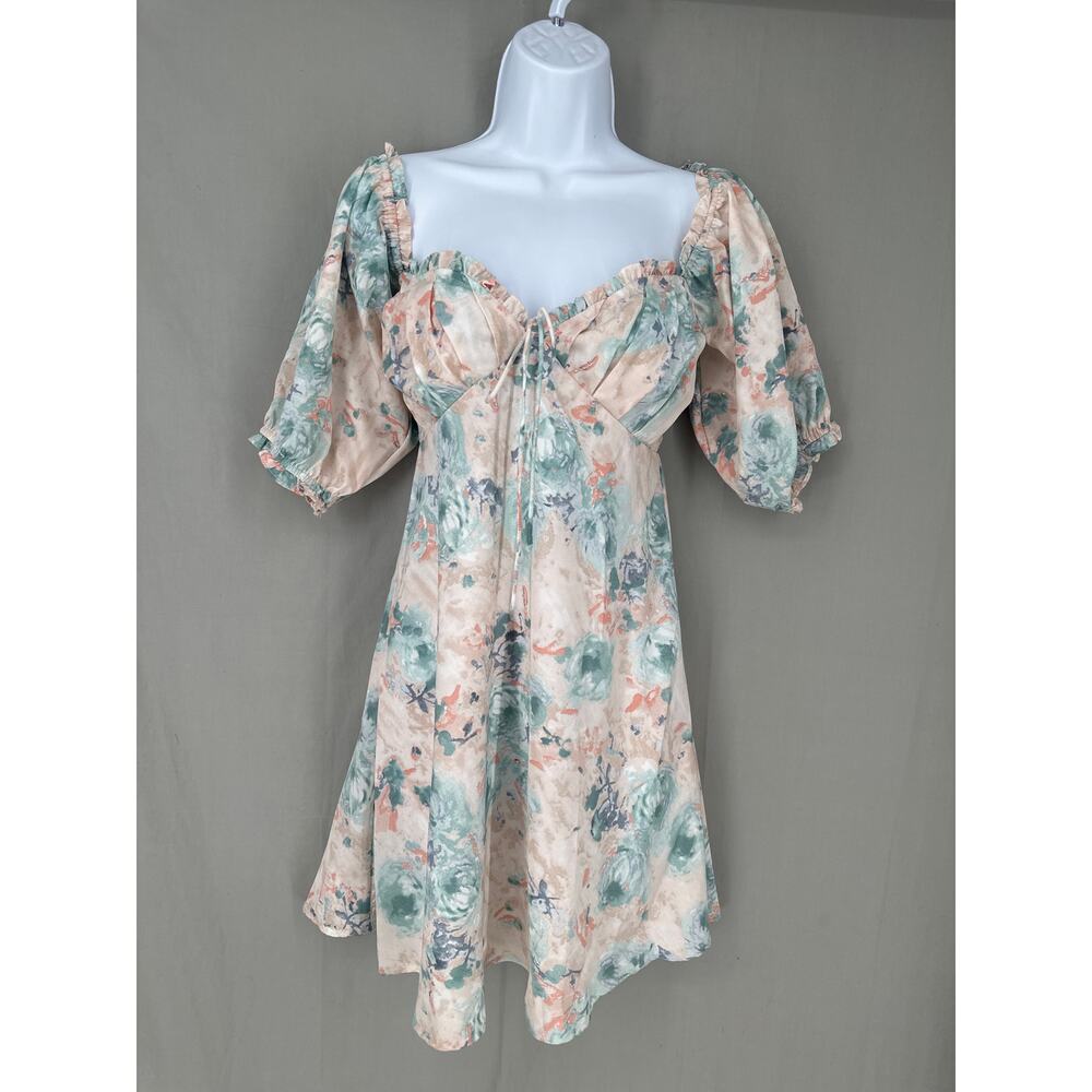 Grade Gather Dress Medium Blue Floral Mini Sweetheart Babydoll Pastel Cottage